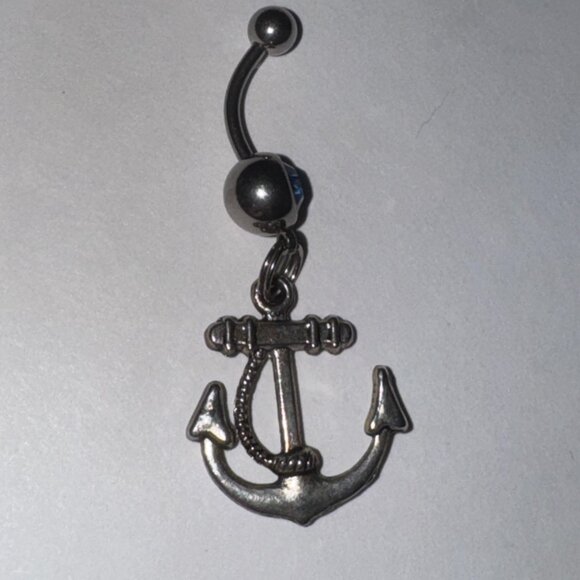 Large Anchor with Rope and Light Blue Gem Dangle Belly Ring - Picture 6 of 16